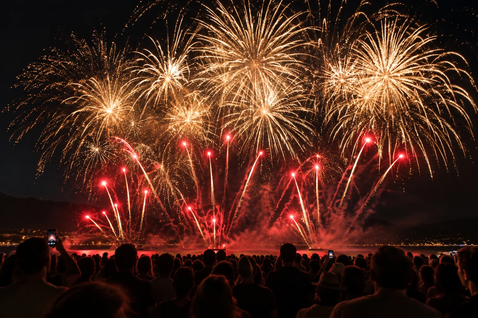 Golden fireworks above an event crowd