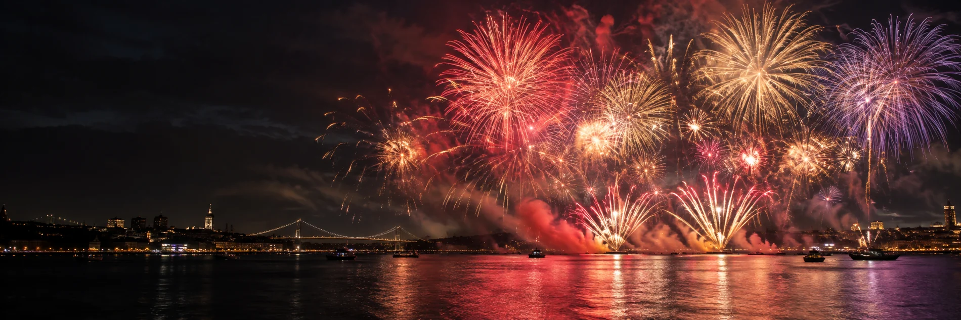 Red and gold fireworks above a waterfront skyline