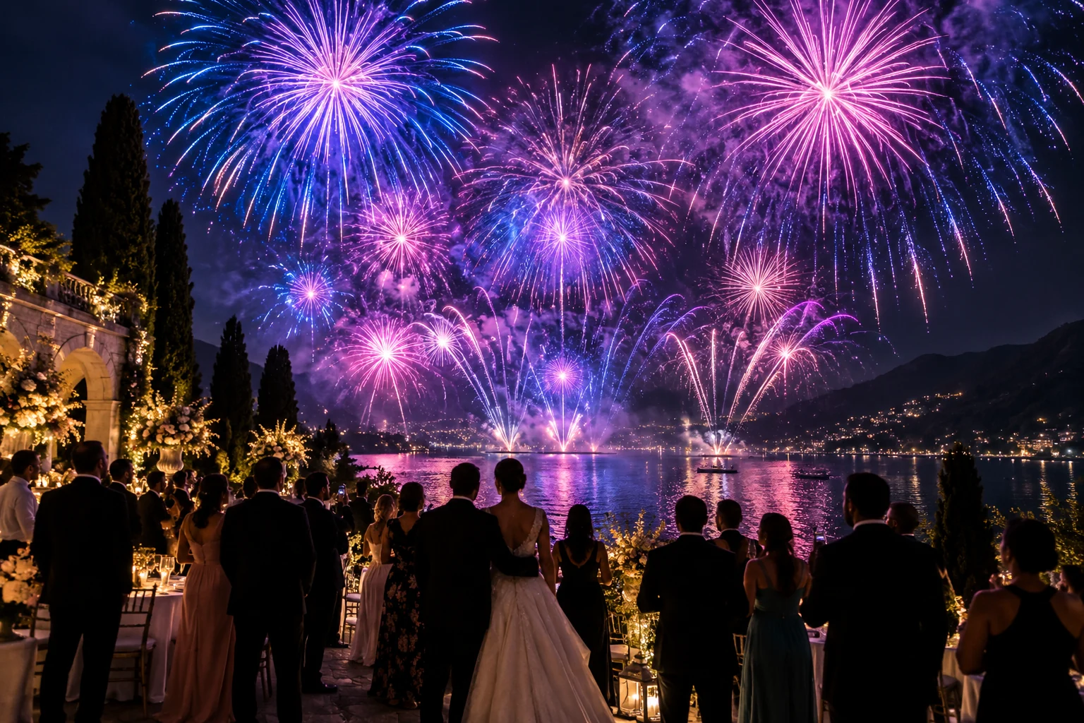 Colorful fireworks above a wedding celebration